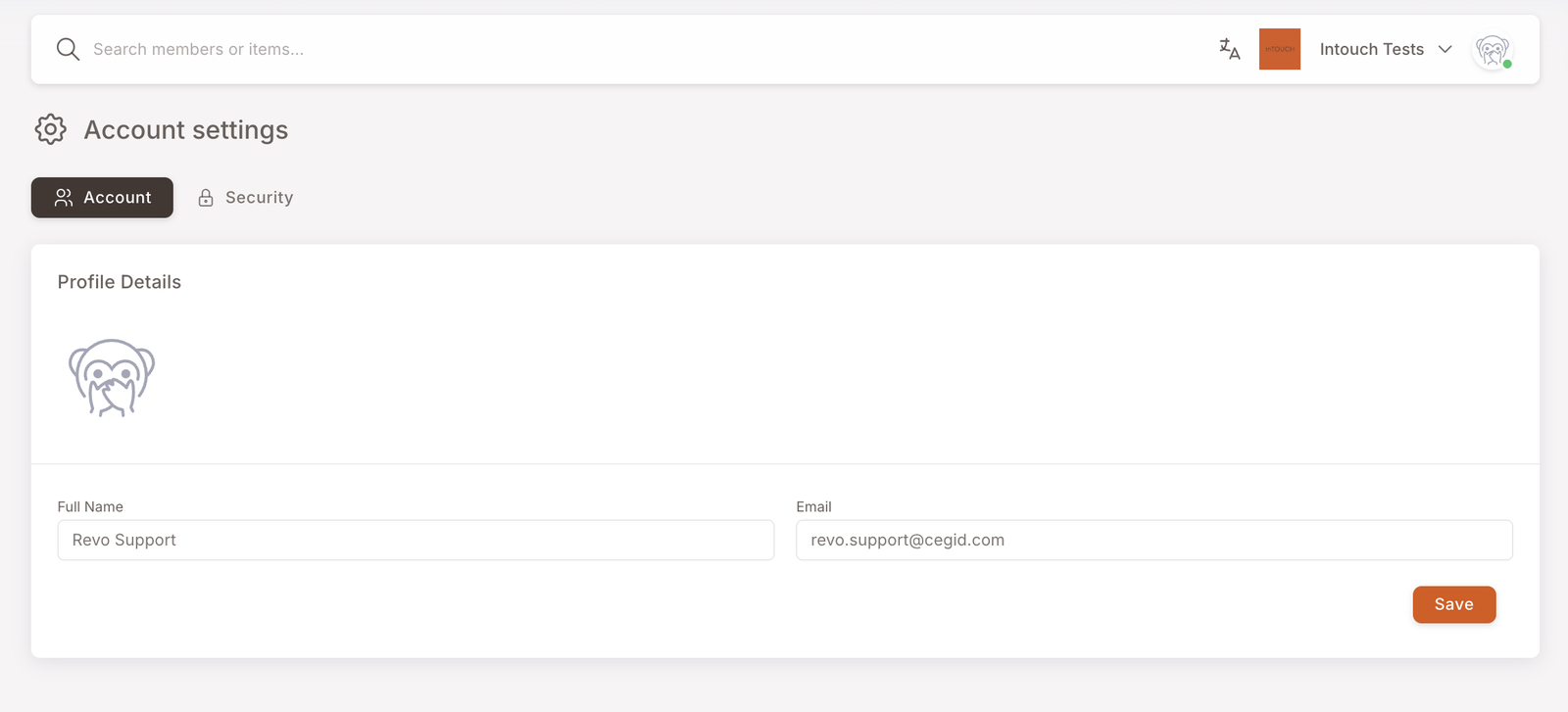 Account settings page, Account tab selected. Profile Details section with the user's avatar and below: Full Name and Email fields populated with the signed-in user's data. Save button bottom-right.