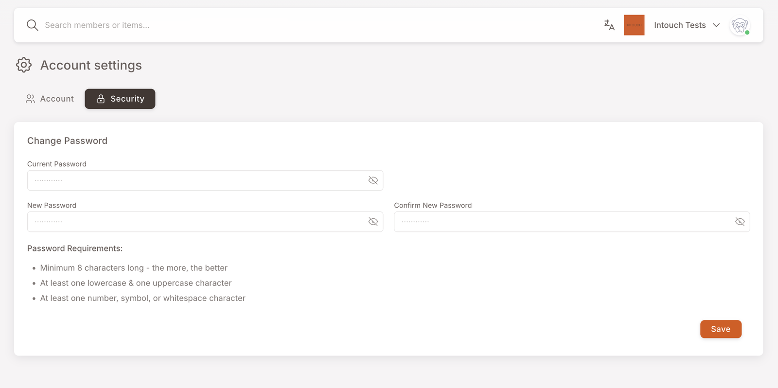 Account settings page, Security tab selected. Change Password section with three input fields (Current Password, New Password, Confirm New Password) and a Password Requirements bullet list (Minimum 8 characters, At least one lowercase &amp; uppercase, At least one number/symbol/whitespace). Save button bottom-right.