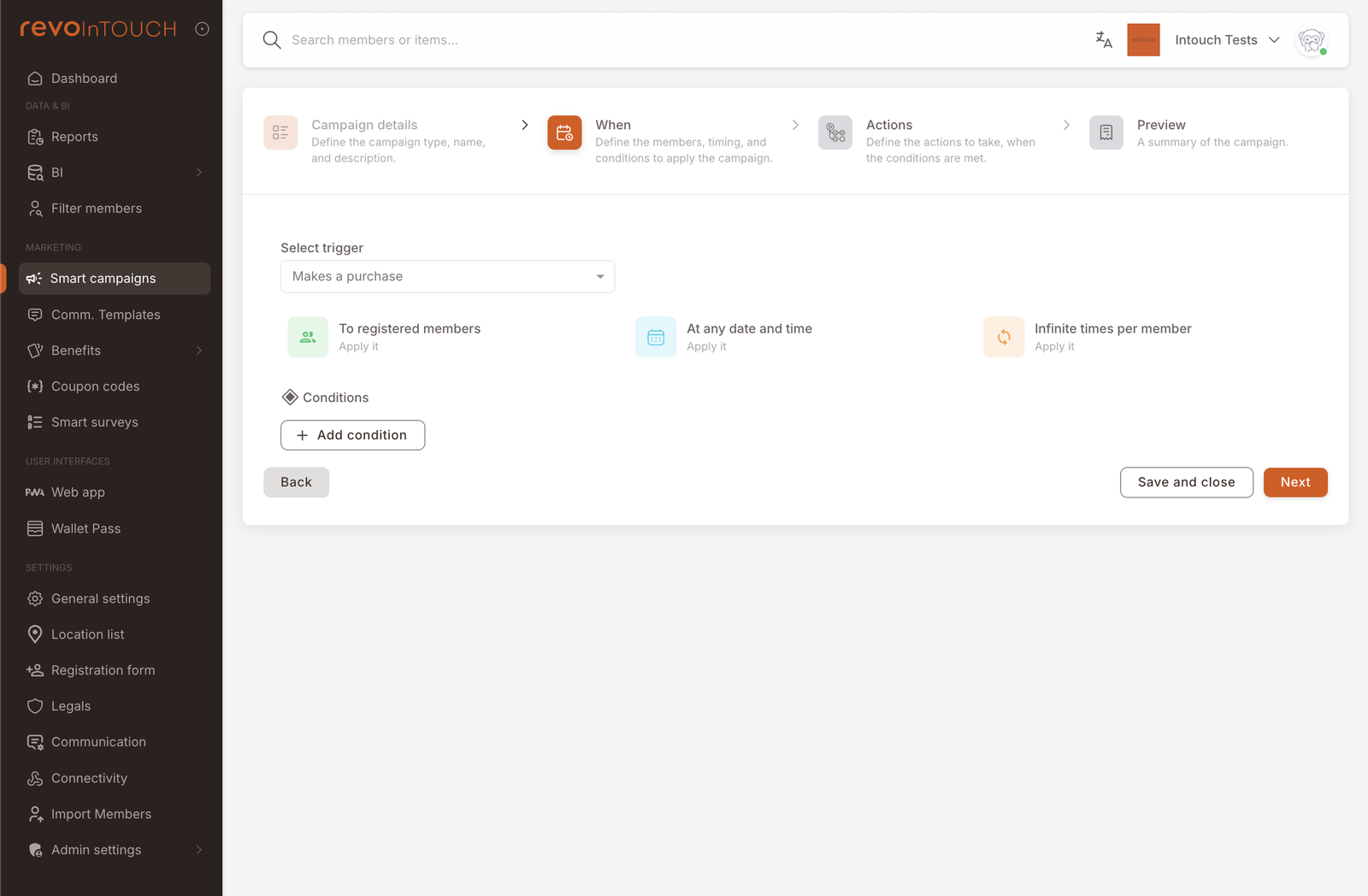 Step 2 — When, with "Makes a purchase" selected as the trigger and the three default tiles visible