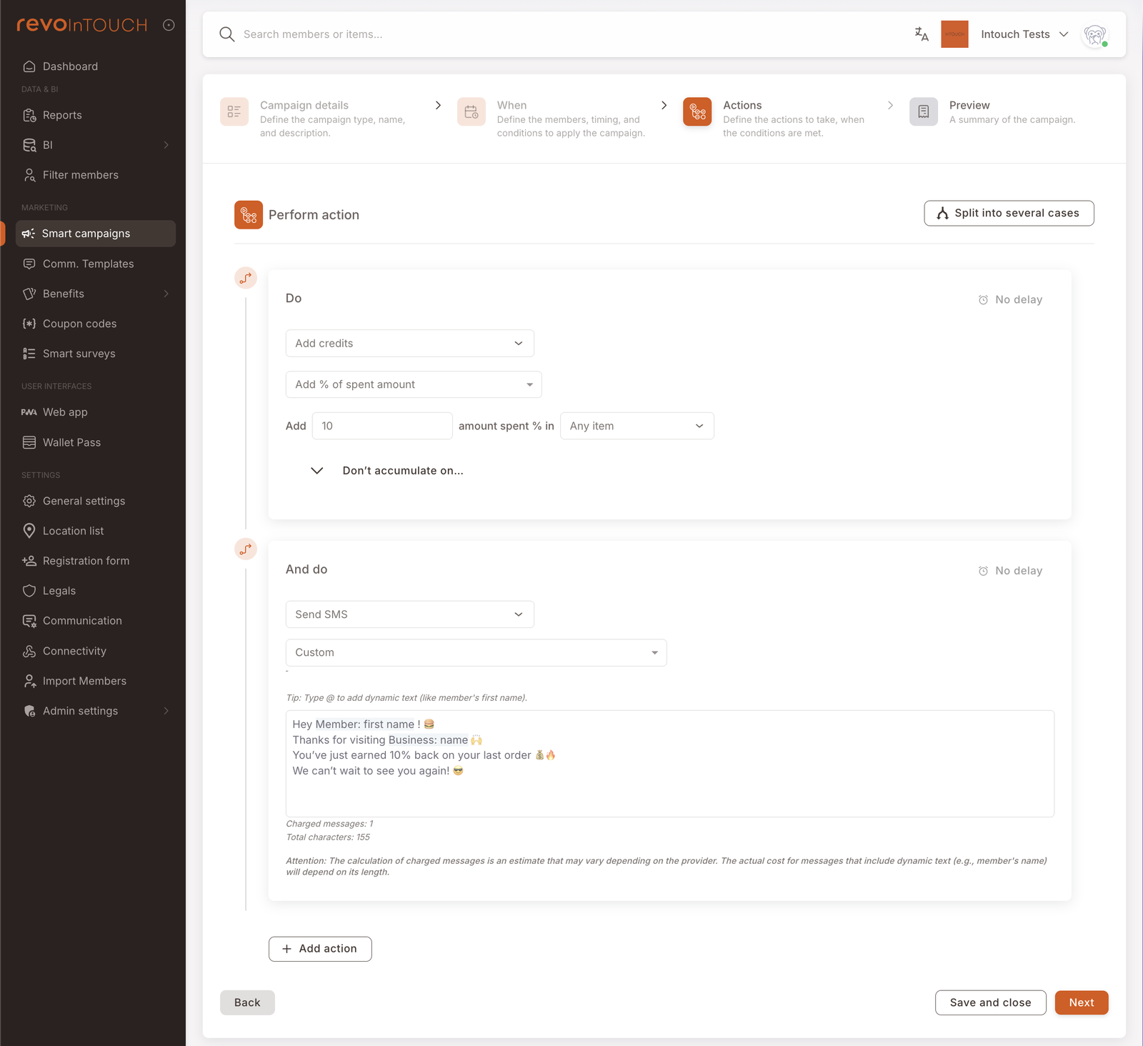 Step 3 — Actions with stacked Add credits (10% of spent amount) and Send SMS (custom template)