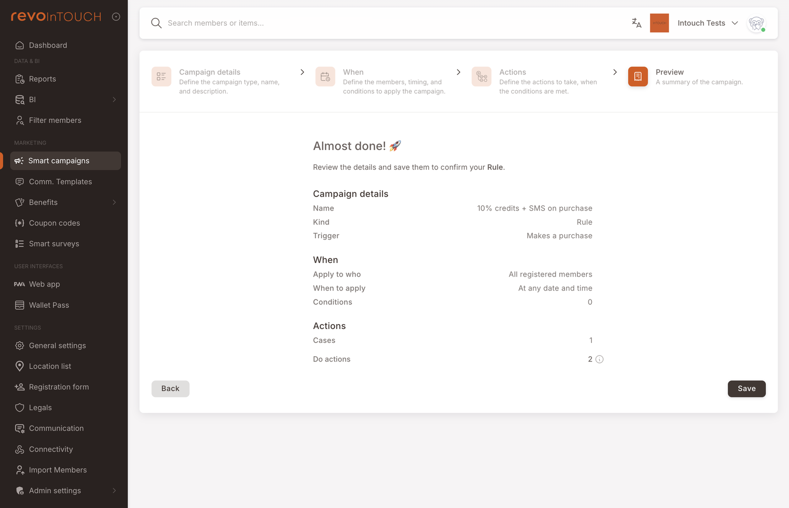 Step 4 — Preview with structured Campaign details / When / Actions summary