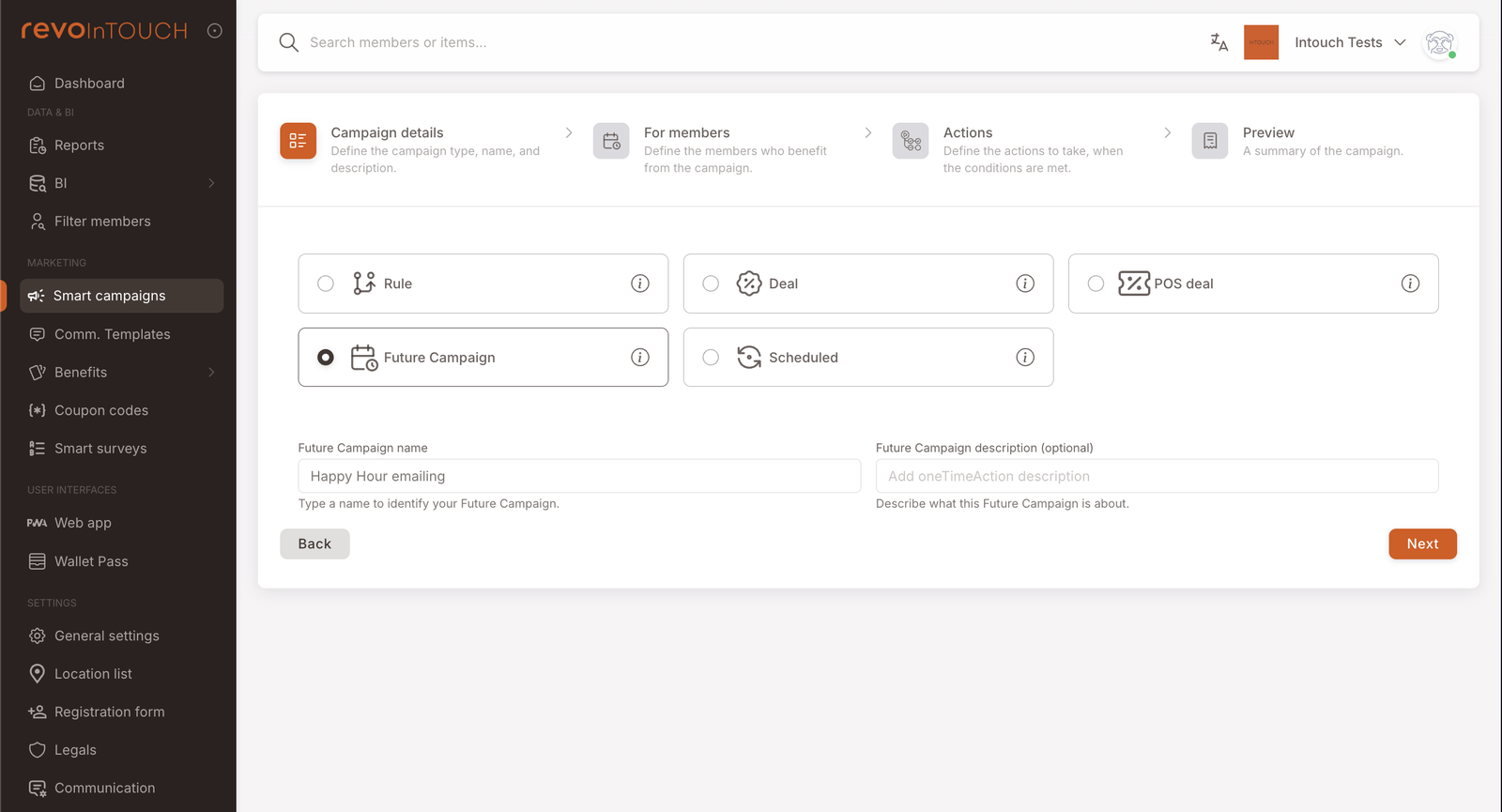 Step 1 — Campaign details with Future Campaign selected and the name "Happy Hour emailing"