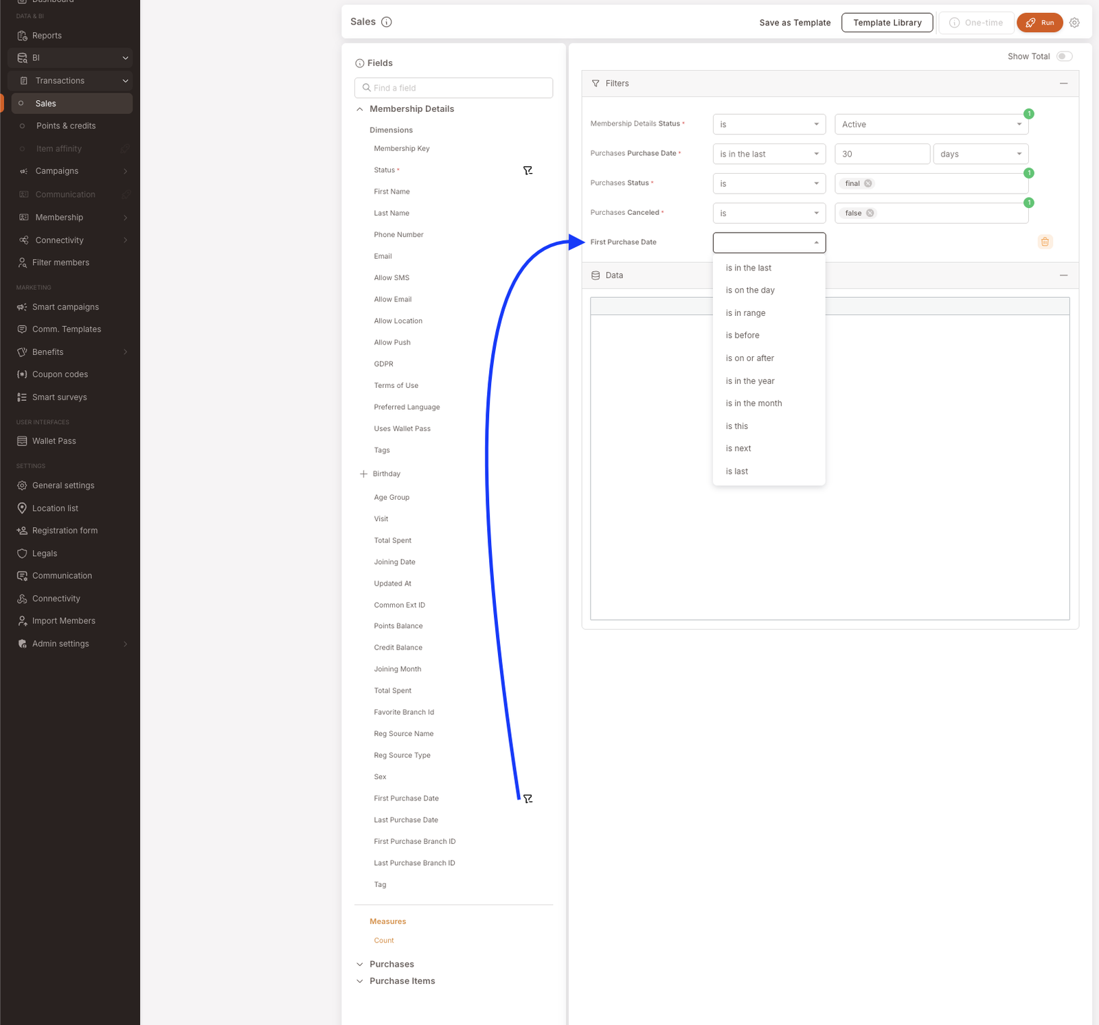BI Sales report builder. Fields panel on the left shows Membership Details fully expanded with many member attributes (Membership Key, Status*, First Name, Last Name, etc.). The filter icon next to "First Purchase Date" near the bottom is highlighted, and a blue arrow leads from there up to the Filters panel on the right where a "First Purchase Date" filter row has just been added with a date-operator dropdown (showing options: is in the last, is on the day, is in range, is before, is on or after, is in the year, is in the month, uses this, is next, is last).