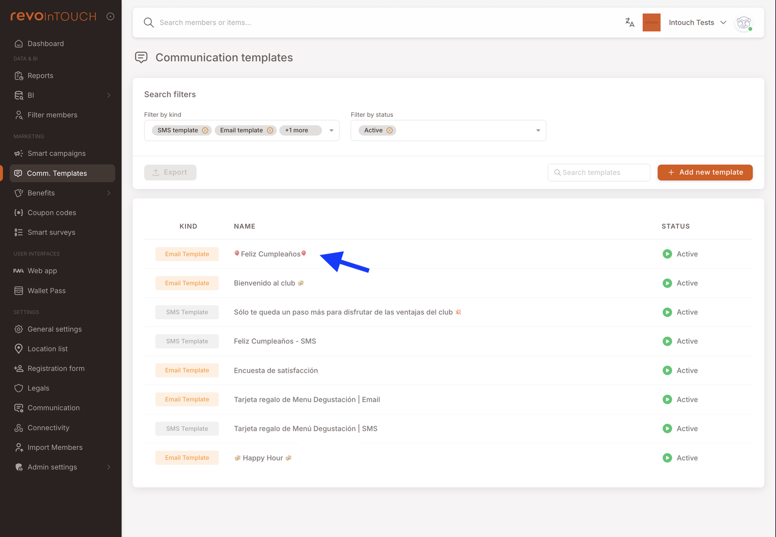 Comm. Templates list with the pre-configured birthday "Feliz Cumpleaños" templates — this tenant has both an Email and an SMS version