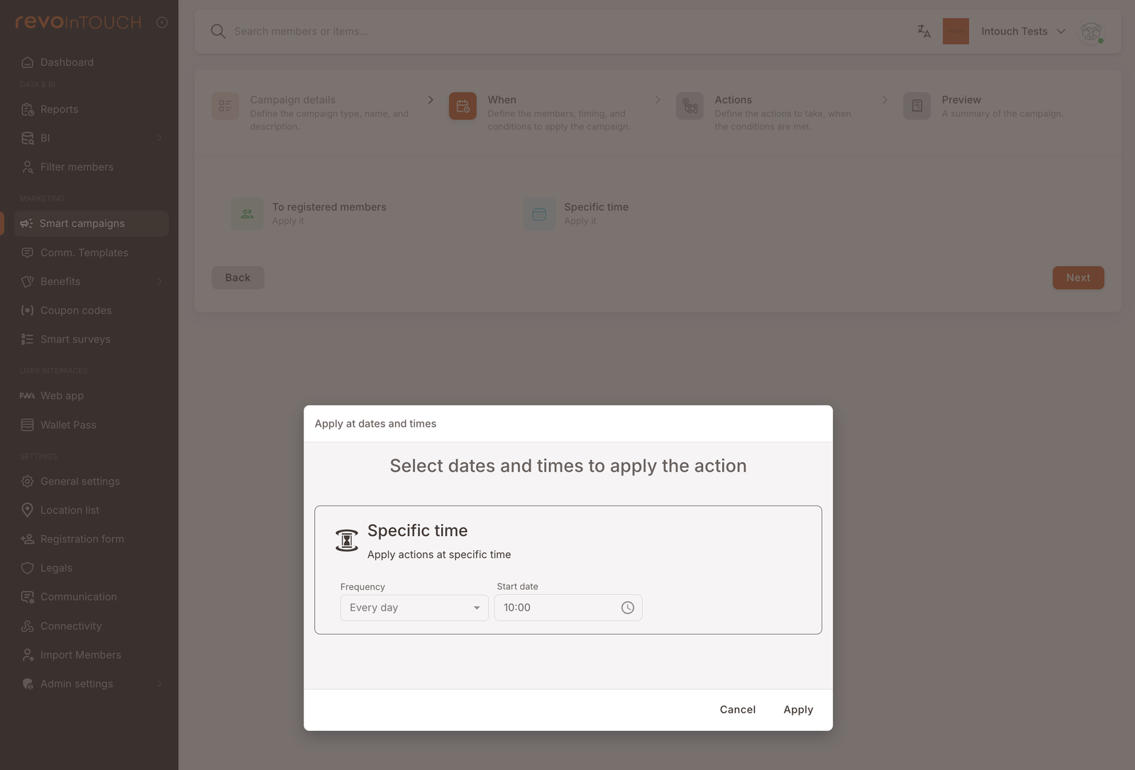 Step 2 — When, with the Apply at dates and times picker open, Frequency set to Every day and the run time at 10:00