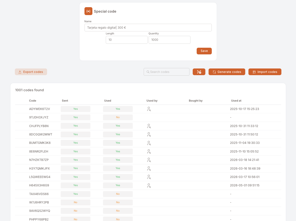 The detail view of one coupon-code record (Tarjeta regalo digital | 300 €). Top: a "Special code" form with Name, Length 10 and Quantity 1000, plus a Save button. Below: action buttons — Export codes, Generate codes, Import codes. Below those: "1001 codes found" with a table — Code (e.g. ADYWEK6T2V, 9TJDH3XJYZ, CHJFPLYB8N, …), Sent (Yes / No), Used (Yes / No), Used by (member icon), Bought by, Used at (timestamp).