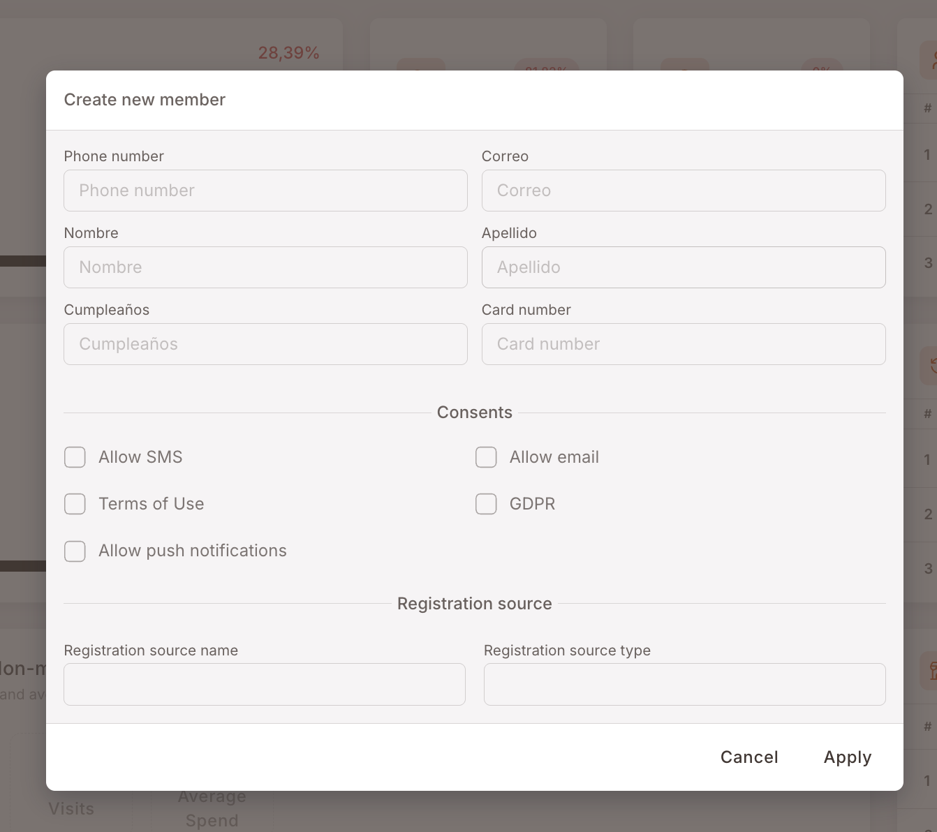 Create new member modal. Fields for Phone number, Correo, Nombre, Apellido, Cumpleaños, Card number. Below: Consents section with checkboxes for Allow SMS, Allow email, Terms of Use, GDPR, Allow push notifications. Then a Registration source section with name and type fields. Cancel / Apply buttons at the bottom right.