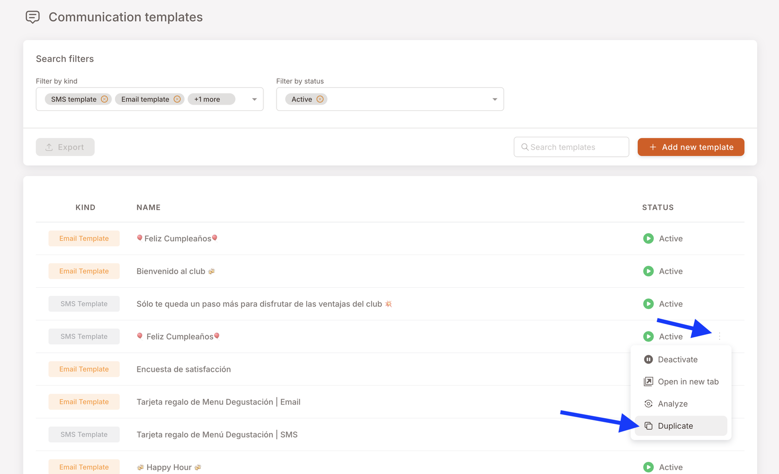 The Comm. Templates list view. On one row the three-dot menu is open and shows the options Deactivate, Open in new tab, Analyze, and Duplicate, with arrows highlighting the three-dot menu trigger and the Duplicate option.
