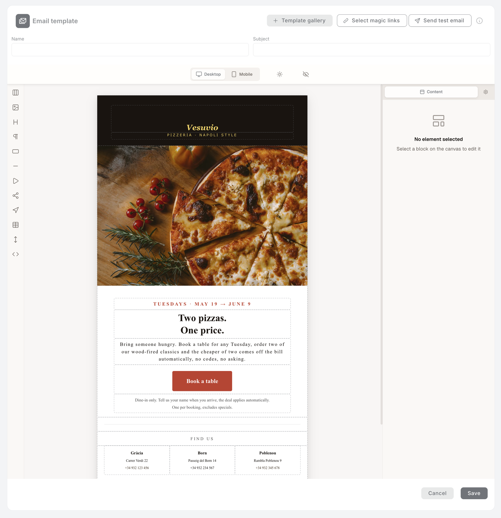 The email editor. Left: the Comm. Templates navigation. Top toolbar: Template gallery, Select magic links, Send test email, with a Name field ("Bundle deal"), a Subject field, and Desktop/Mobile, dark-mode and preview toggles. A vertical strip of content blocks runs down the left of the canvas — Section, Image, Title, Paragraph, Button, Divider, Video, Social, Menu, Table, Spacer, HTML. The center canvas shows a pizzeria email; the right properties panel reads "No element selected — Select a block on the canvas to edit it."