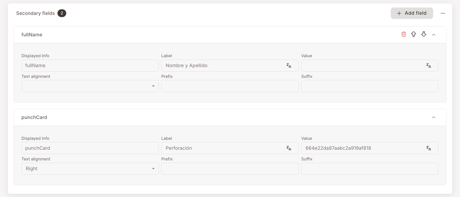 Secondary fields expanded — fullName field with Label "Nombre y Apellido", and a punchCard field with Label "Perforación" and a Value tied to a specific punch-card asset ID
