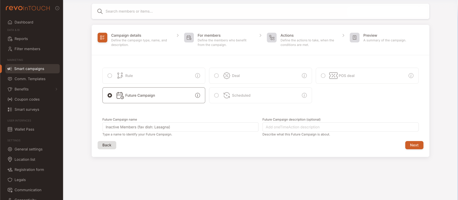 Smart Campaigns wizard Step 1 immediately after clicking "+ One-time action" from a Filter members result. The kind picker has Future Campaign already selected and the Future Campaign name is pre-filled as "Inactive Members (fav dish: Lasagna)" — the name carries over from the filter context. Description is empty. Next button.