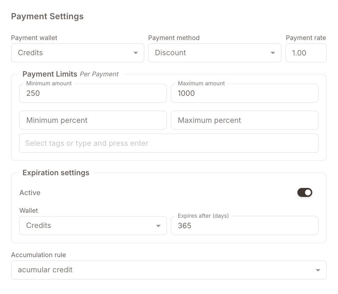 Payment settings card. Payment wallet Credits, Payment method Discount, Payment rate 1. Payment Limits Per Payment: Minimum amount 3, Maximum amount 100, Maximum percent 50, with a tag-exclusion field showing the Staff tag selected (1 tag, green badge). Accumulation rule: Reglas | Acumulación.