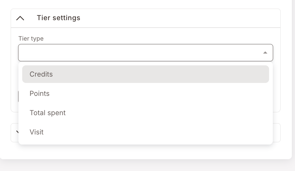 Tier type dropdown opened, showing four options: Credits (highlighted), Points, Total spent, Visit.