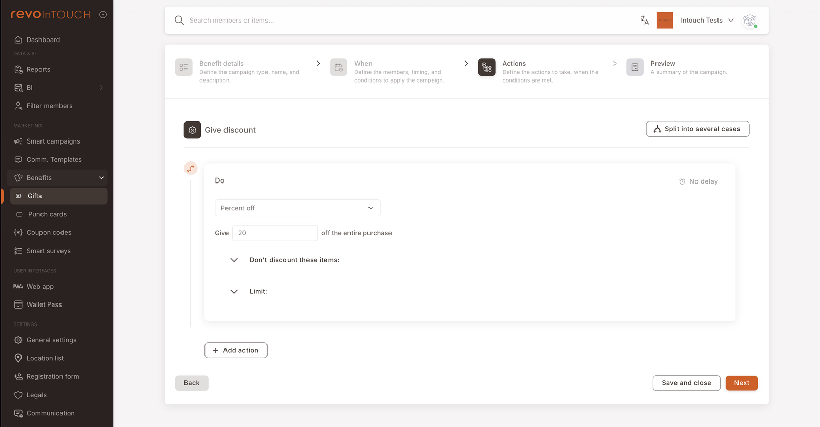 Step 3 — Actions with Give discount header. The Do block shows Percent off as the discount type, "Give 20 off the entire purchase". Don't discount these items and Limit collapsibles are below. Add action button at the bottom; Split into several cases option in the top right.