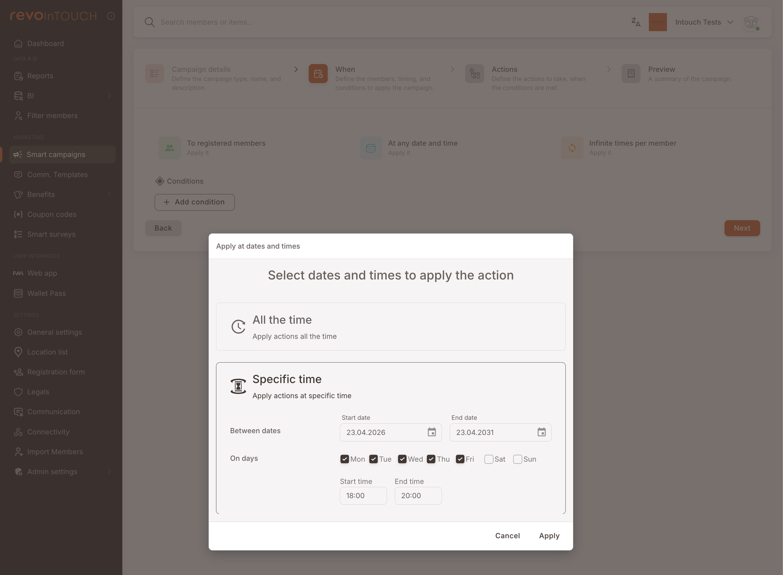 Step 2 — Apply at dates and times modal with Specific time selected, weekdays checked, times 18:00 and 20:00