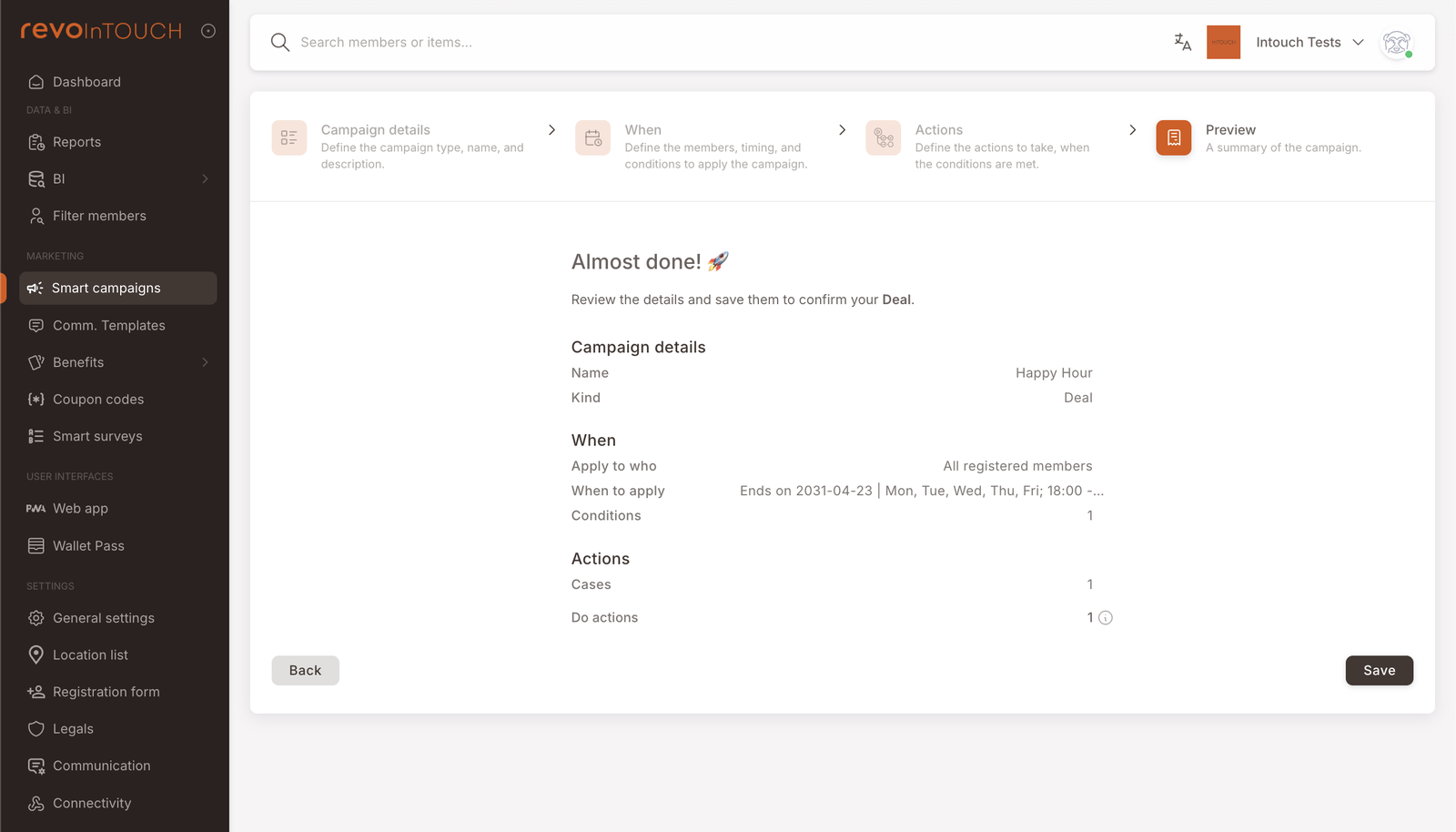 Step 4 — Preview recap for the Happy Hour Deal showing Kind: Deal, Conditions: 1, Cases: 1, Do actions: 1