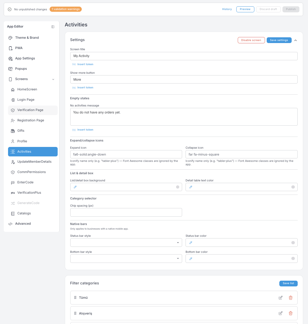 Activities settings — screen title, show-more button, empty state, expand and collapse icons, list and detail box styling, and a Filter categories list