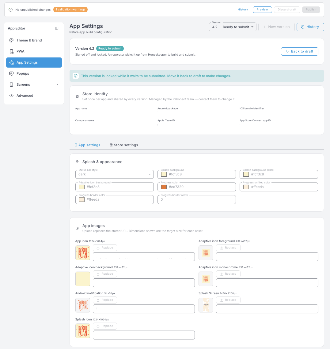 App Settings panel — version selector showing "4.2 — Ready to submit", read-only Store identity, and the App settings tab with Splash &amp; appearance colours and the App images upload slots