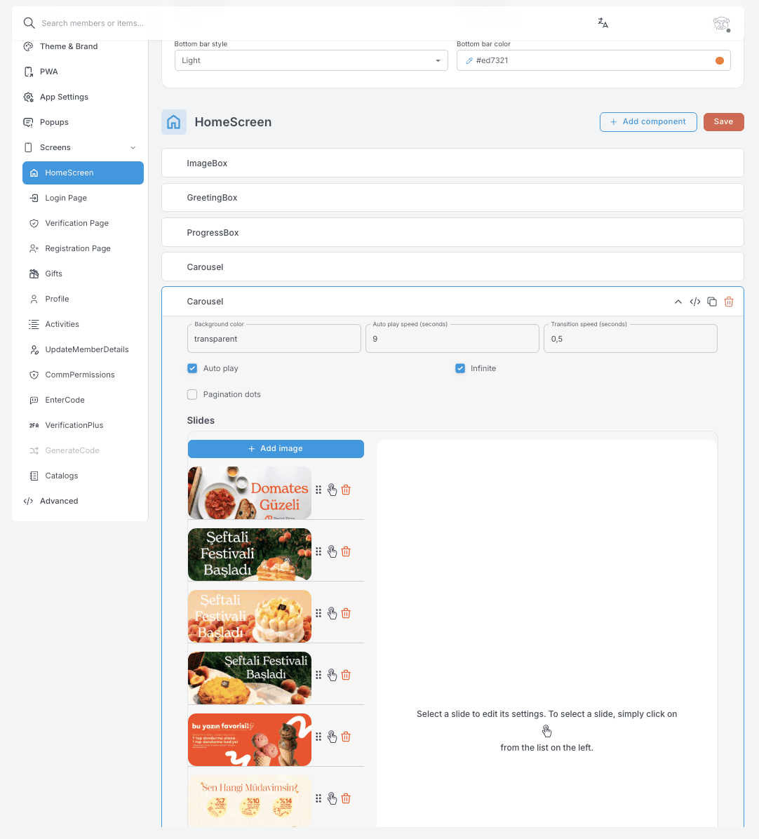 A Carousel component expanded — background colour, auto play speed, transition speed, auto play, infinite and pagination-dot options, and a reorderable list of slide thumbnails