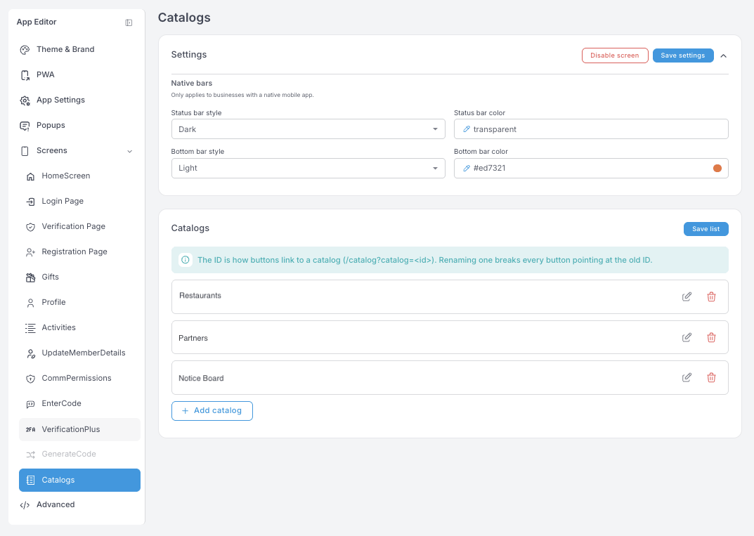 Catalogs settings — native bars, and a Catalogs list containing Restaurants, Partners and Notice Board