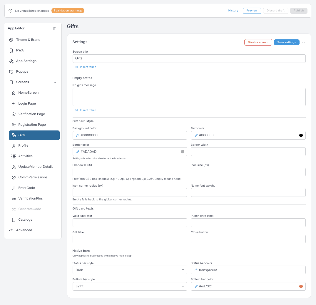 Gifts settings — screen title, no-gifts empty state, gift card style and gift card texts