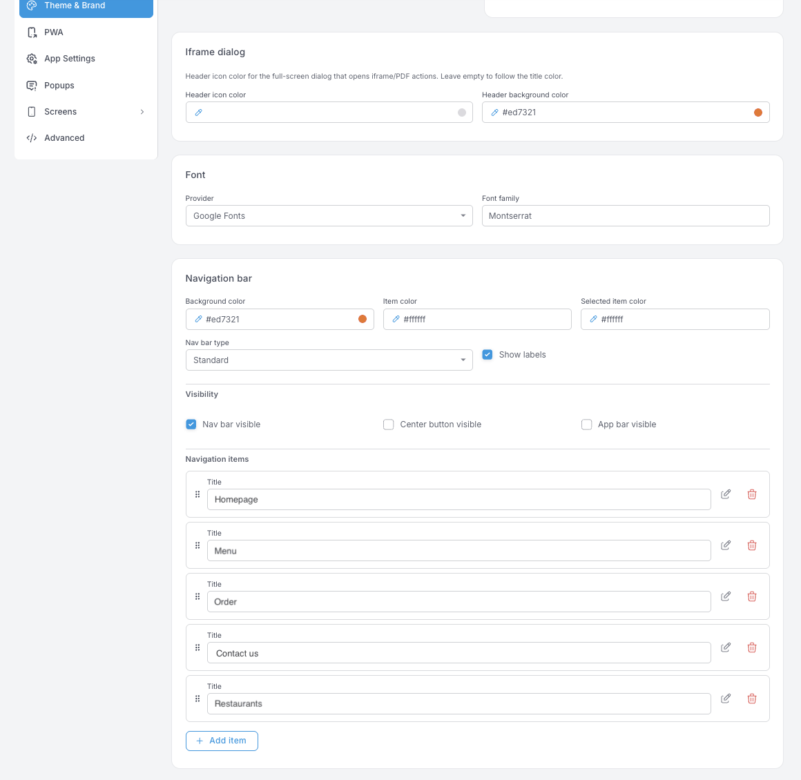 Navigation bar block — background, item and selected-item colours, nav bar type, Show labels, three visibility checkboxes and a reorderable list of navigation items