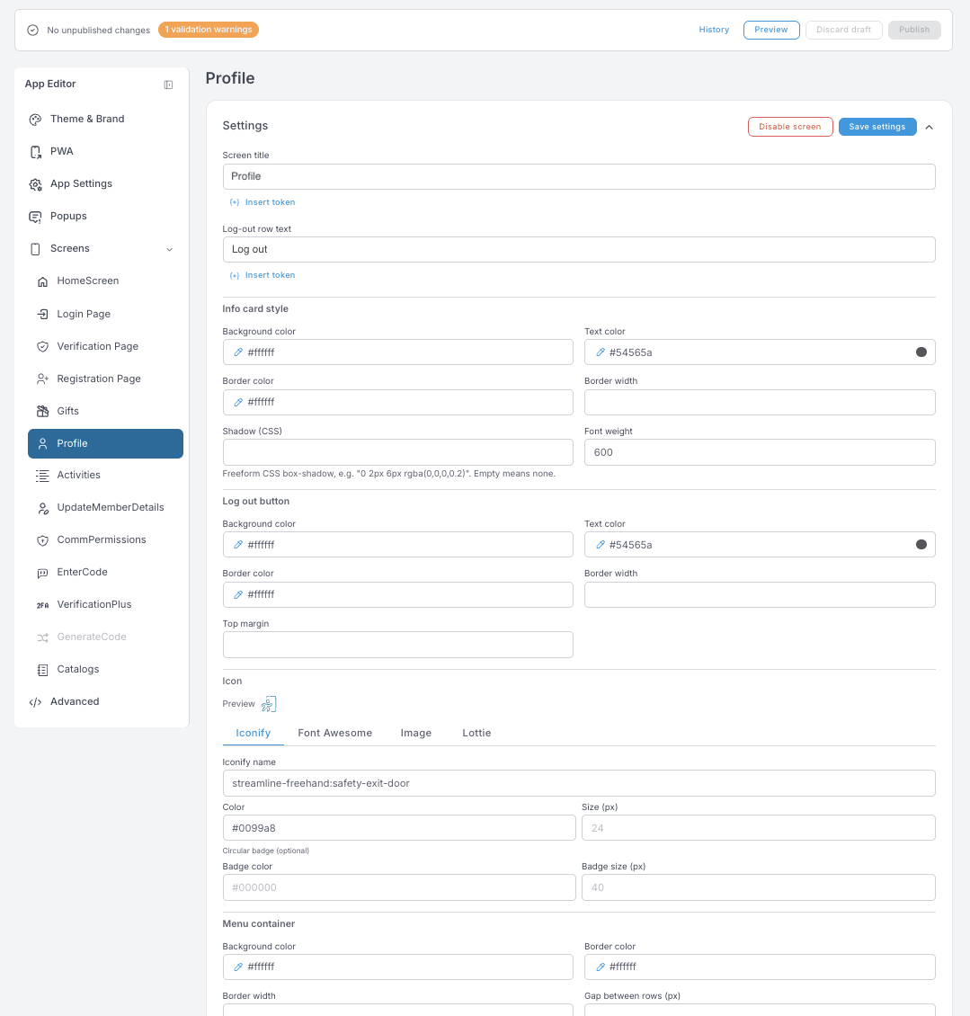 Profile settings — screen title, log-out row text, info card and log-out button styling, an icon picker with Iconify / Font Awesome / Image / Lottie tabs, and menu container styling
