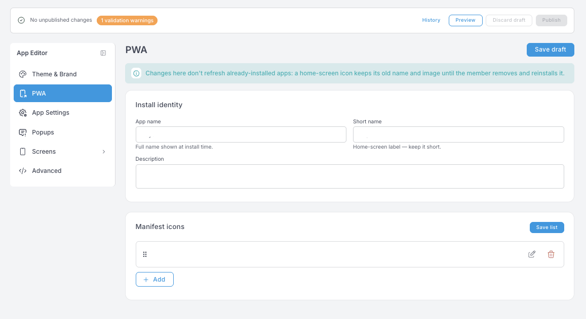 PWA panel — Install identity with App name, Short name and Description, plus a Manifest icons list