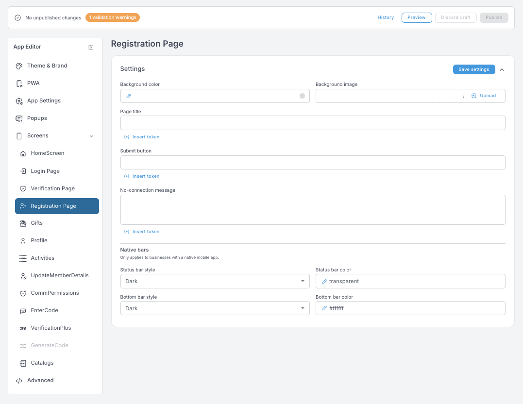 Registration Page settings — background, page title, submit button and no-connection message