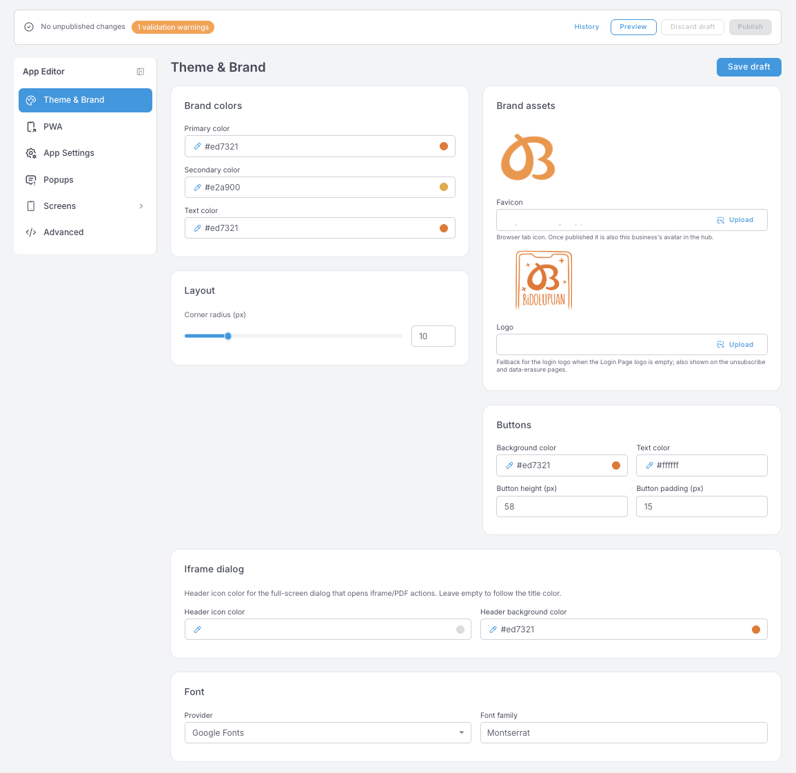 Theme &amp; Brand panel — Brand colors (primary, secondary, text), Layout with a corner-radius slider, Brand assets with favicon and logo uploads, Buttons, Iframe dialog and Font blocks