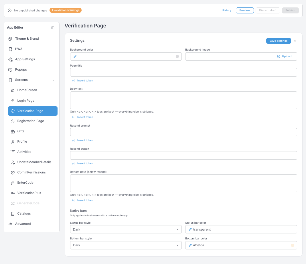 Verification Page settings — page title, body text, resend prompt, resend button and bottom note
