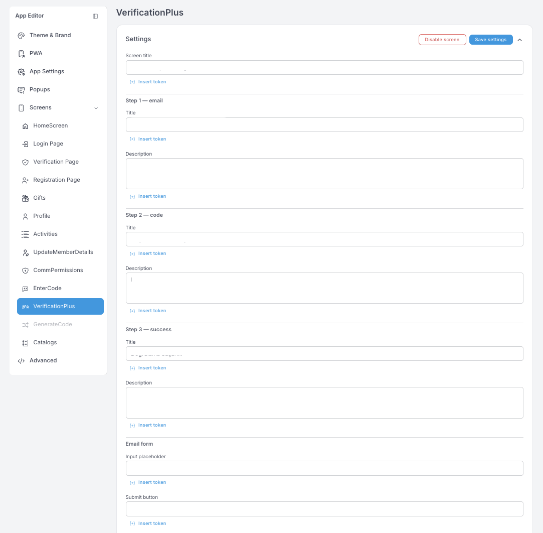 VerificationPlus settings — three steps (email, code, success), each with a title and description, followed by the email form fields