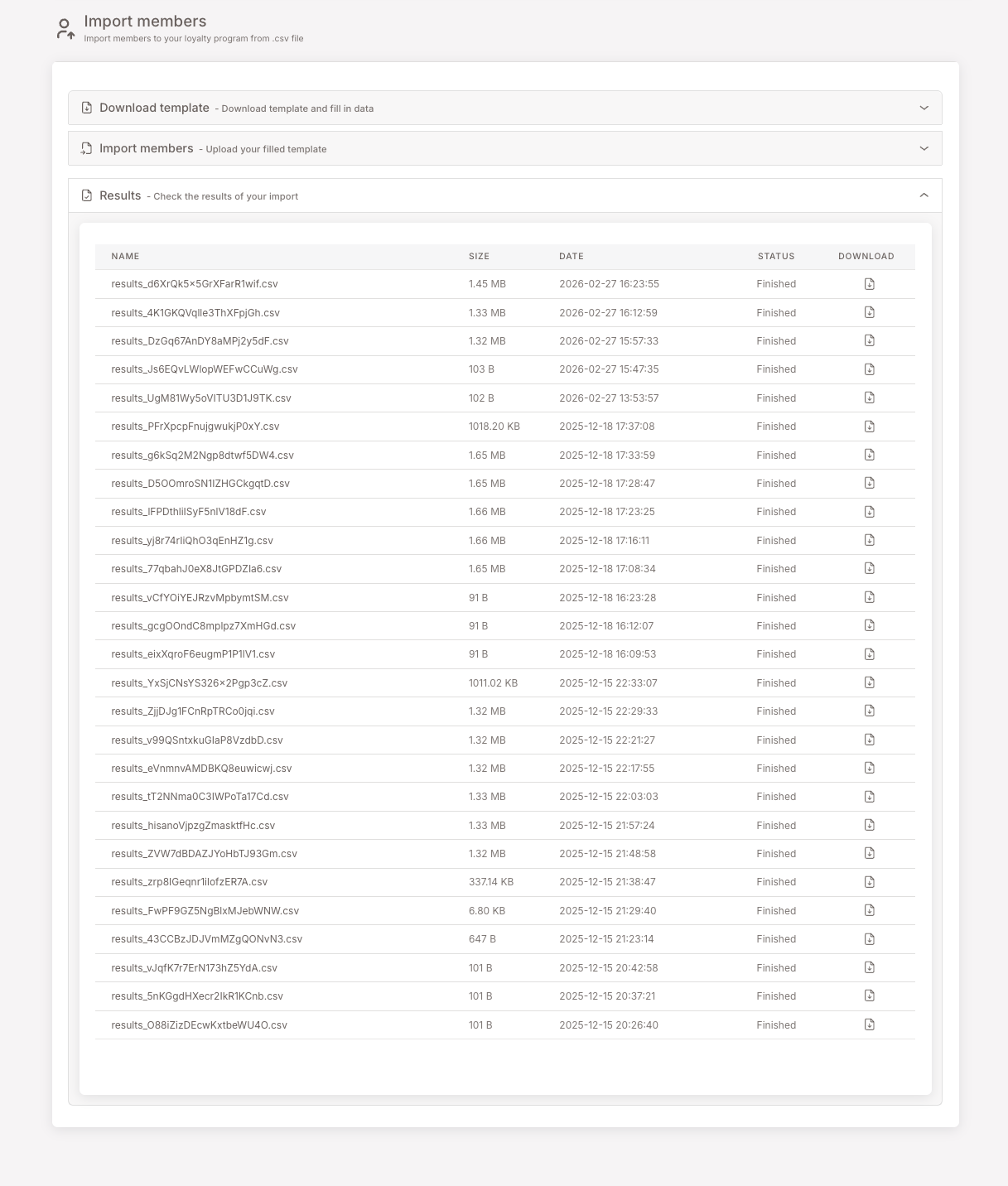 Results card expanded. Table with columns Name, Size, Date, Status, Download. Many rows visible, each with a CSV filename (masked), file size, datetime, status "Finished", and a download icon.