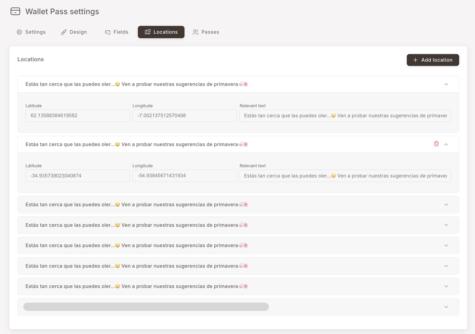 The Locations tab — a list of geolocations, each with a Latitude, a Longitude, and a Relevant text shown to members. Up to ten locations are configured
