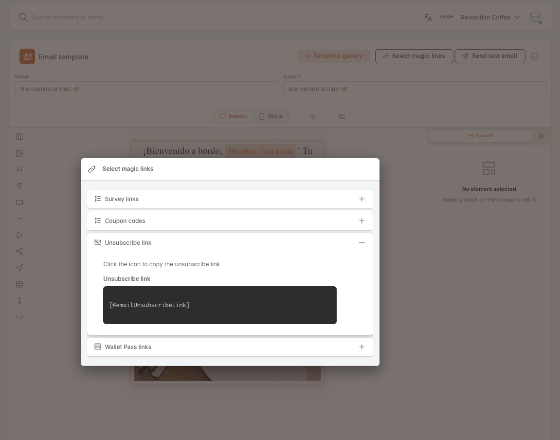 The same picker with the Unsubscribe link section expanded. It reads "Click the icon to copy the unsubscribe link" above an "Unsubscribe link" field showing the value [@emailUnsubscribeLink] with a copy icon.