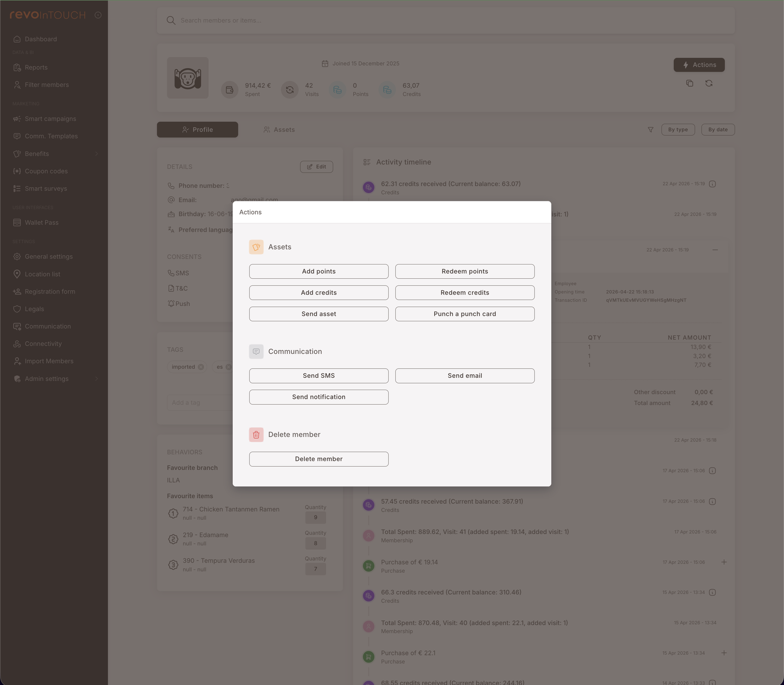 The Actions modal launched from a member profile. Three sections stacked: "Assets" with six buttons (Add points, Redeem points, Add credits, Redeem credits, Send asset, Punch a punch card); "Communication" with three buttons (Send SMS, Send email, Send notification); "Delete member" with a single Delete member button. Cancel button at the bottom.
