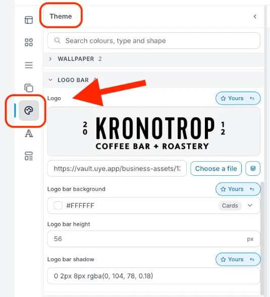 Theme open in the left bar, with Logo bar expanded: the Logo picture with its link box and Choose a file, then Logo bar background, height and shadow