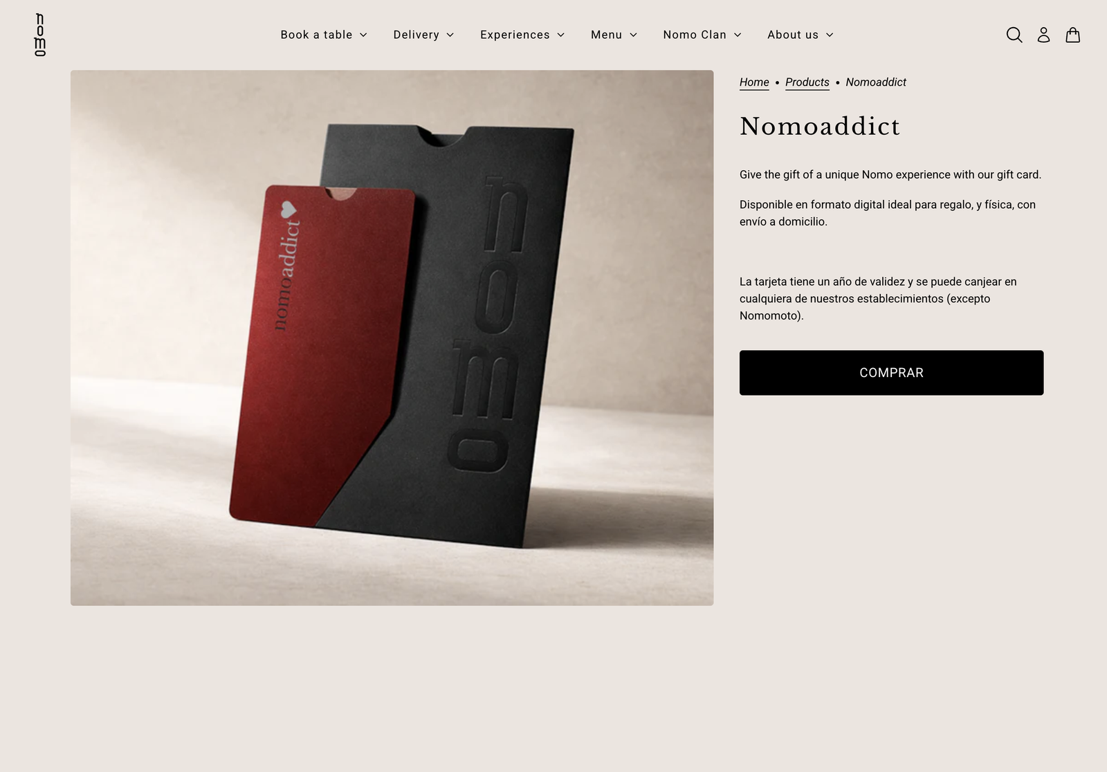 A merchant's product detail page for a digital gift card — tagline "Give the gift of a unique experience with our gift card", available in physical and digital formats with home delivery, a gift card pictured at left, and a "Buy" call-to-action button.