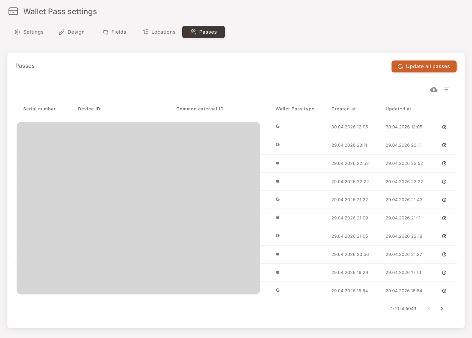 The Passes tab — a paginated table listing every downloaded pass with columns for Serial number, Device ID, Common external ID, Wallet Pass type (Apple or Google), Created at, Updated at, plus a refresh icon per row. Counter shows 1-10 of 5043 in this example