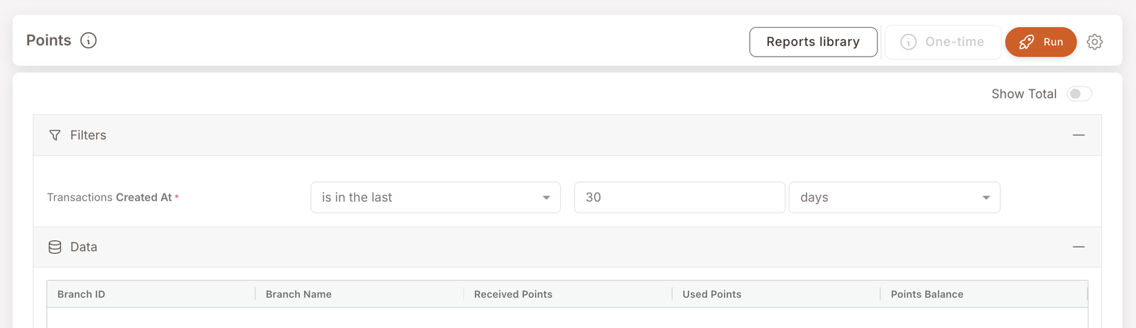 Points report. Filter: Transactions Created At is in the last 30 days. Data table headers visible: Branch ID, Branch Name, Received Points, Used Points, Points Balance. The data area is empty in this screenshot — the program either doesn't grant points or no points activity has happened in the period.