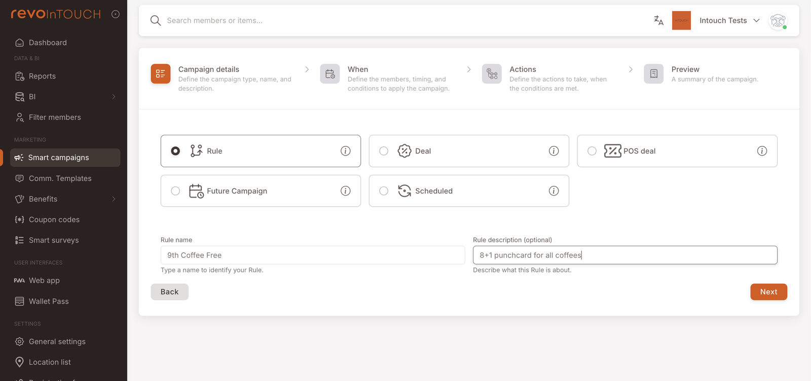 Step 1 — Campaign details with Rule selected and the name "9th Coffee Free" / description "8+1 punchcard for all coffees"