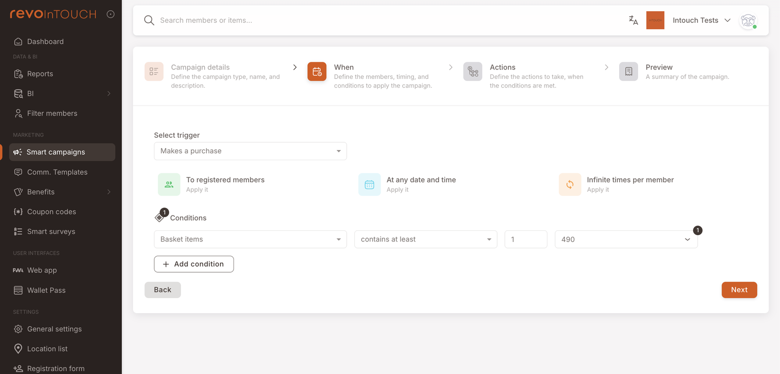 Step 2 — When, with Makes a purchase selected and one condition on Basket Items