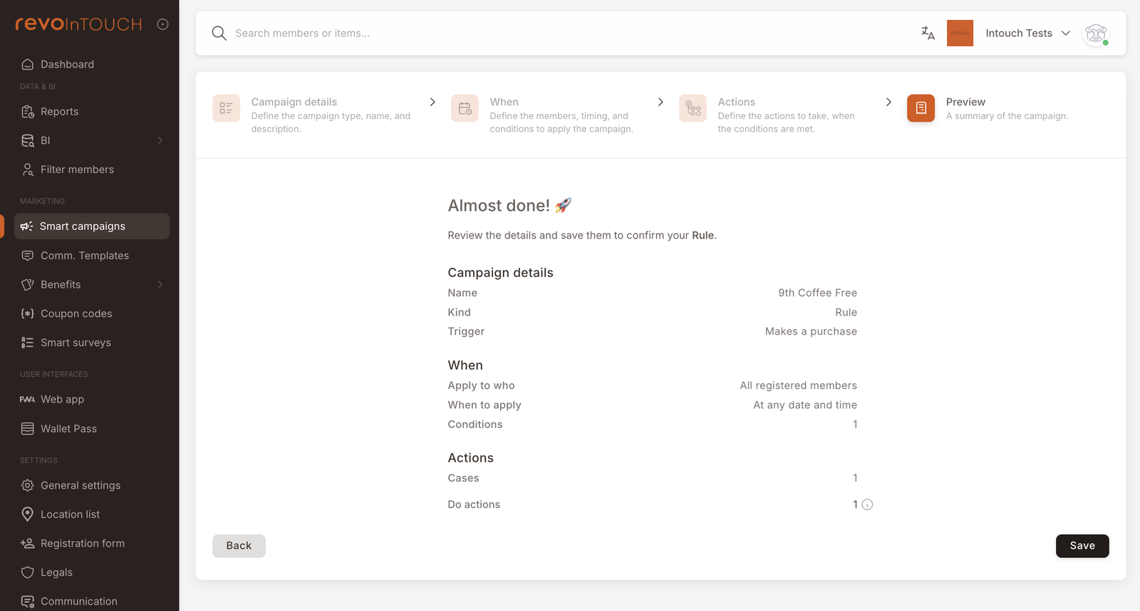 Step 4 — Preview recap for Rule 1, showing Cases: 1 and Do actions: 1