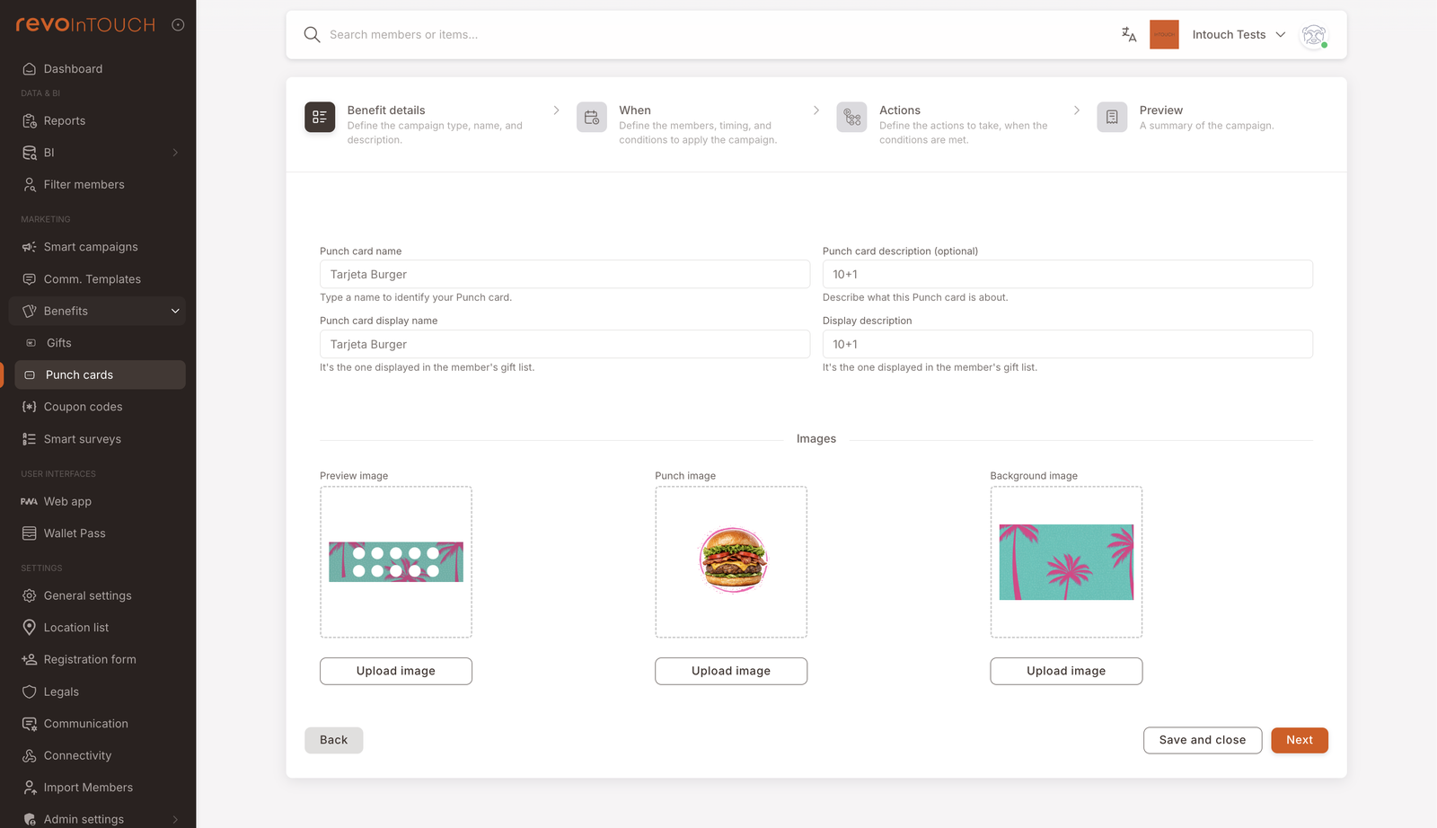 Step 1 — Benefit details for a Punch card named "Tarjeta Burger". Punch card display name "10+1", Display description "10+1". Three image upload slots side by side: Preview image (a turquoise card with 10 empty white circles in a grid), Punch image (a burger illustration), Background image (turquoise/orange tropical pattern). Back / Save and close / Next buttons.