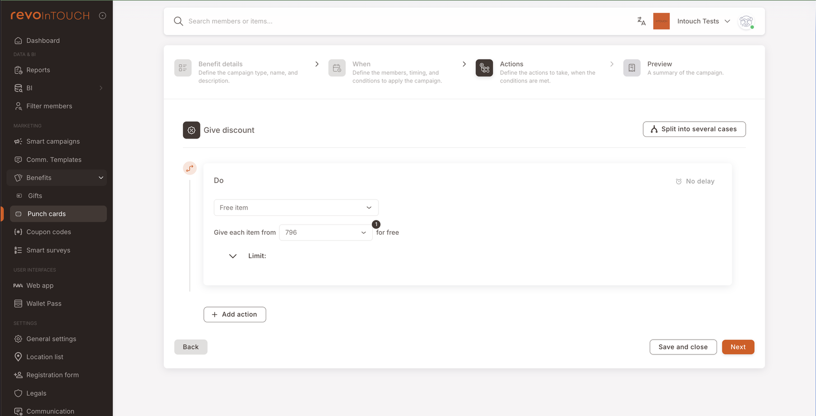 Step 3 — Actions with Give discount header. Free item selected as the discount type, "Give each item from 796 for free". Limit collapsible below. Add action button at the bottom.