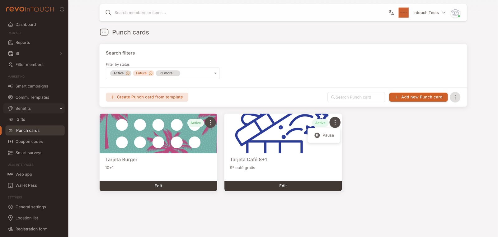 The Benefits → Punch cards list view with two existing cards: "Tarjeta Burger" (10+1, illustrated burger card) and "Tarjeta Café 8+1" (9° café gratis). Both Active. Toolbar shows Filter by status, search, "Create Punch card from template" and "Add new Punch card" buttons.