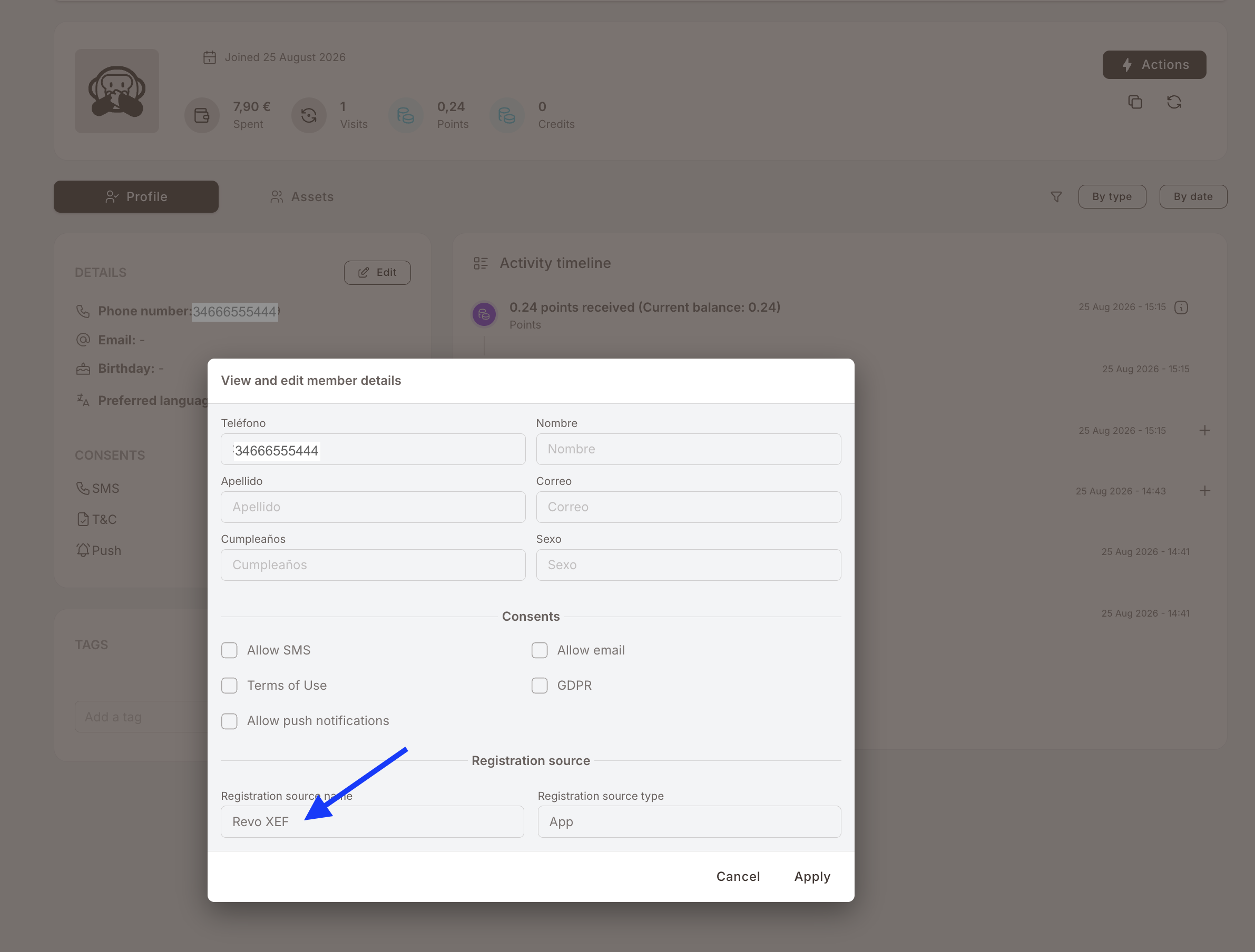 The "View and edit member details" modal open over a member profile. Below the identity fields and the Consents checkboxes there is a Registration source section with two read-only fields: Registration source name showing the name of the POS that sent the registration, and Registration source type showing "App".