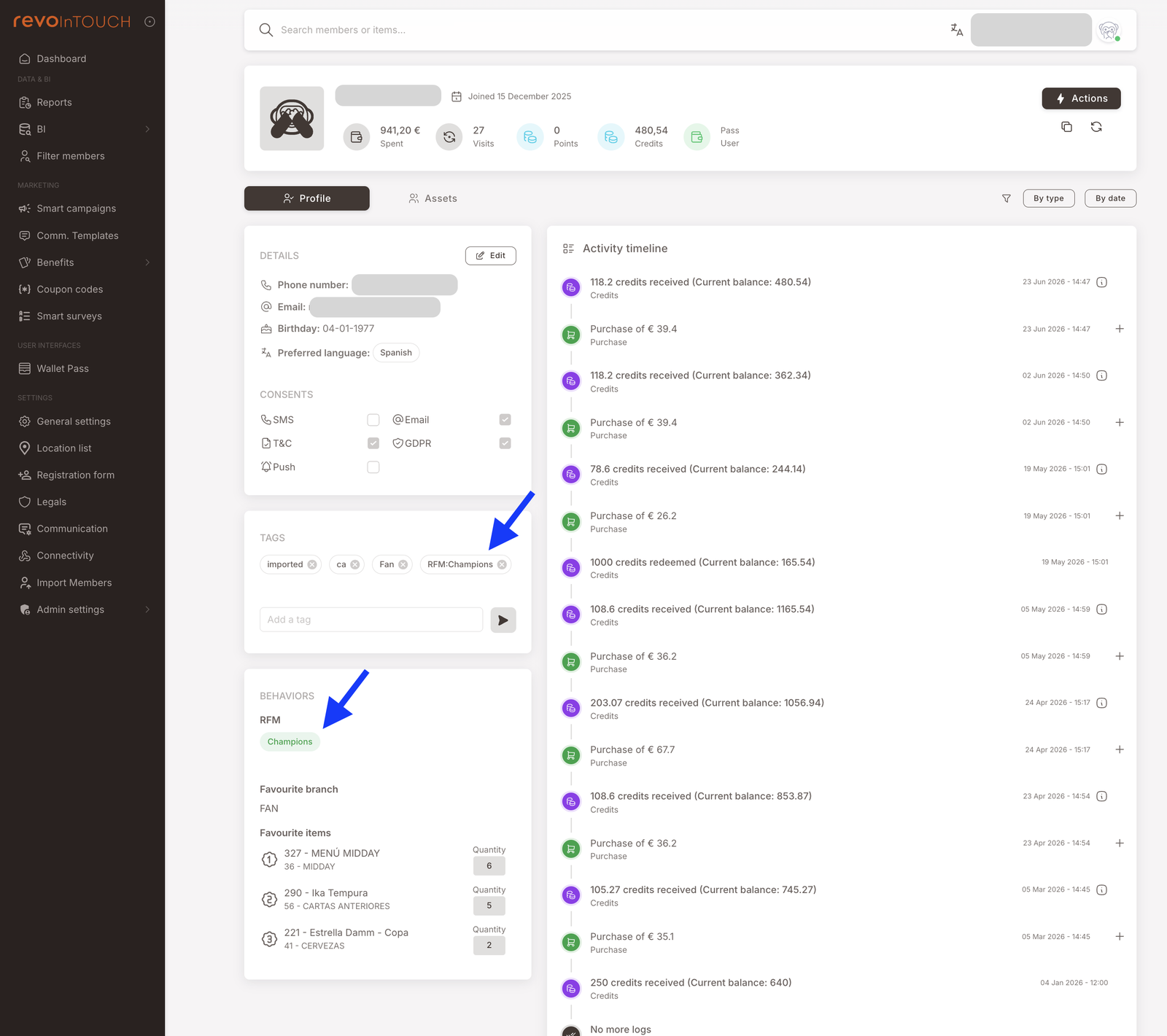 A member profile in the Hub. The Tags panel shows an RFM chip, and the Behaviors panel shows a green Champions badge above the member's favourite branch and favourite items.
