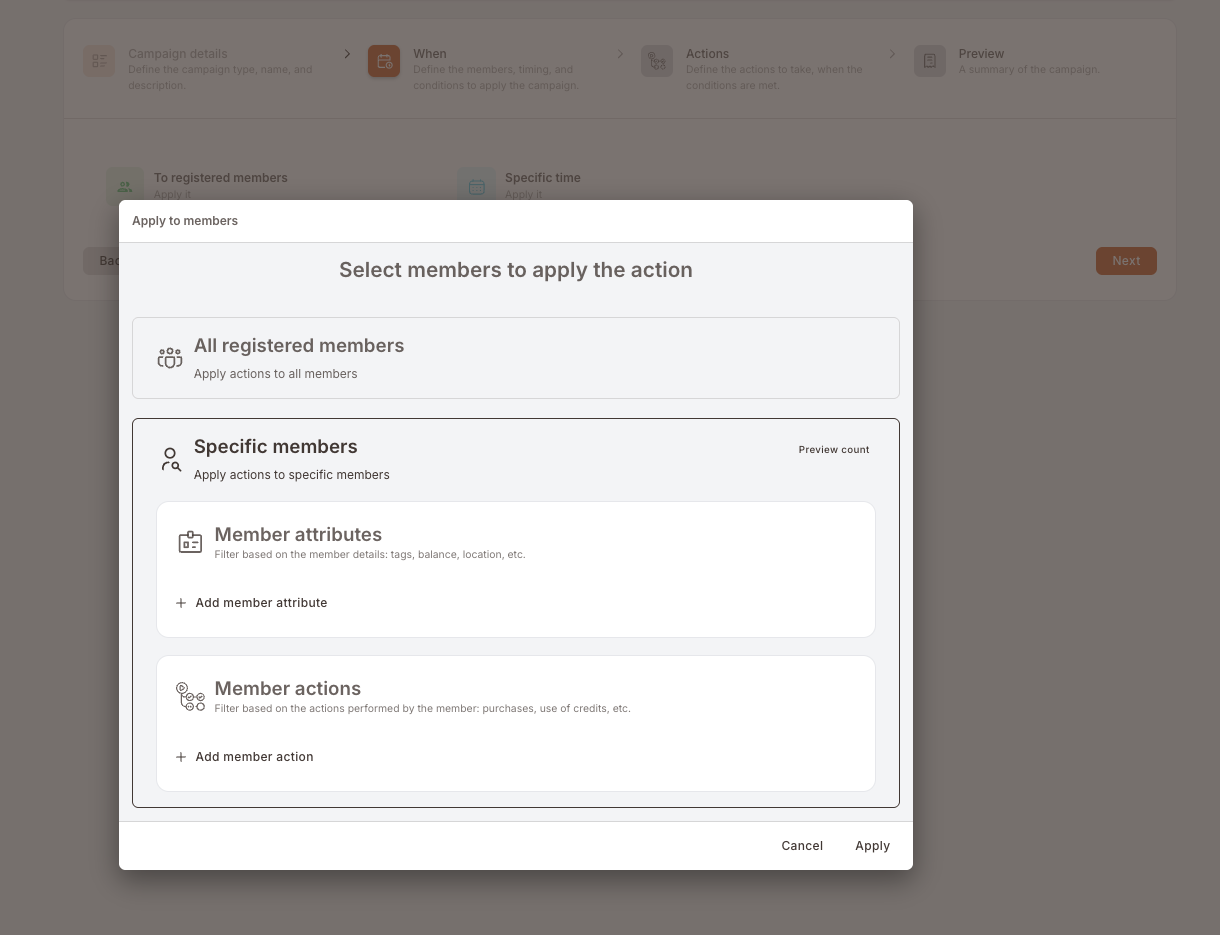 The Apply to members picker with All registered members and Specific members, showing the Member attributes and Member actions blocks