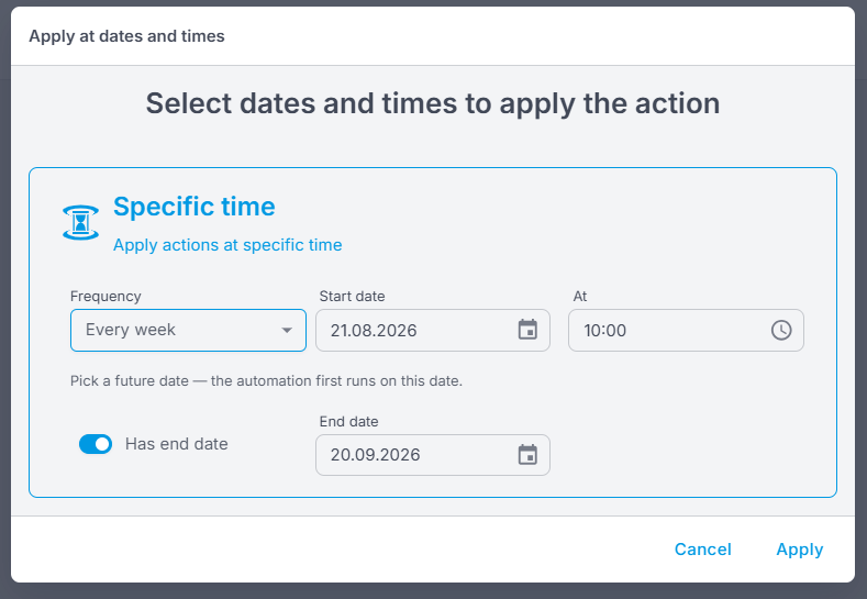 The picker with Every week selected, showing the Start date field alongside frequency, time and end date